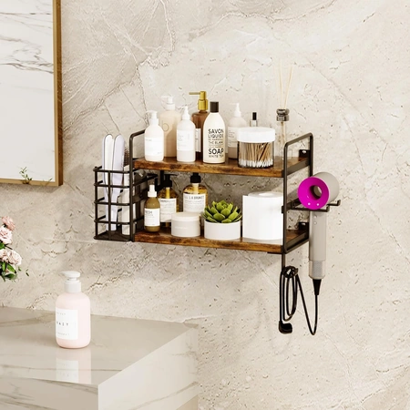 wall mounted hair dryer holder with 2 tier shelves.webp